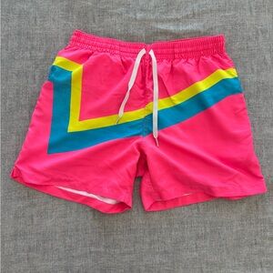 Chubbies Pink Swim Trunks with Yellow and Blue Accents